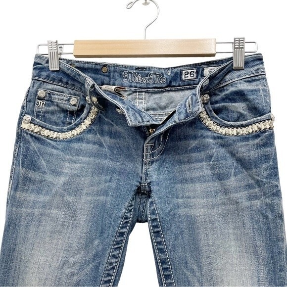 Miss Me Skinny Jeans Low Rise Back Flap Silver Studded Bling Y2K Denim Size 26 - Picture 6 of 14